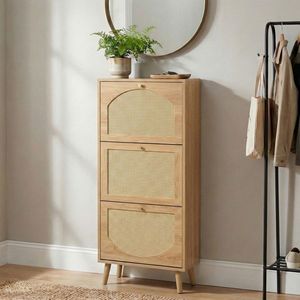 Scarpiera a 3 livelli con frontale in rattan color legno naturale, 54x24x135 cm, realizzata in truciolato - Product Image 1