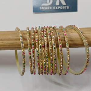 Luxury Multicolor Pearl Stone Golden Glitter <b>Glass</b> <b>Bangles</b> Set Handmade Traditional Indian Bridal Wedding Party Wear Jewelry - Product Image 5