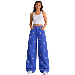 Jean en denim bleu roi pour femme, coupe large, broderie florale, taille haute, ample, style streetwear décontracté, personnalisable OEM ODM, vente en gros - Product Image 1