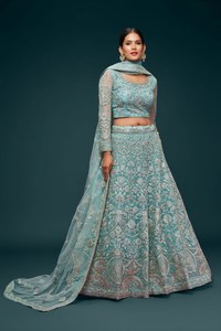 Mint <b>Green</b> Cotton Embroidered Lehenga Choli Set Traditional <b>Net</b> Unstitched Chaniya Dupatta Bride Wedding Party Diwali Wear - Product Image 2