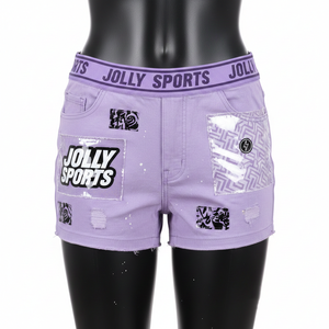 Shorts en denim lavande pour femme, en coton et polyester de qualité supérieure, avec panneaux transparents en PVC et logo personnalisé. - Product Image 1