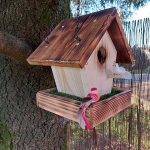 Wooden Hanging <b>Bird</b> Feeder House with Planter Tray for Garden Backyard Outdoor Wild <b>Birds</b> Natural Finish Traditional Style - Product Image 1