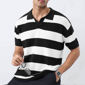 Men's <b>Striped</b> Knitted Polo <b>Shirt</b> Short Sleeve Casual <b>Black</b> <b>White</b> Regular Fit - Product Image 4
