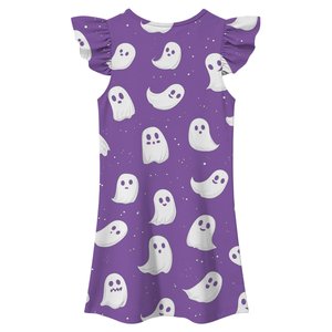 Robe trapèze pour filles, motif fantôme violet, manches volantées, en mousseline, mini, grande taille, lavable, motif rayé mignon, col en V, tenue d'été - Product Image 2