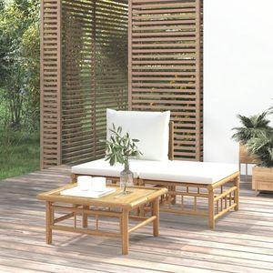 Ensemble de salon de jardin en bambou blanc crème 3 pièces avec coussins pour la détente en plein air - Product Image 1