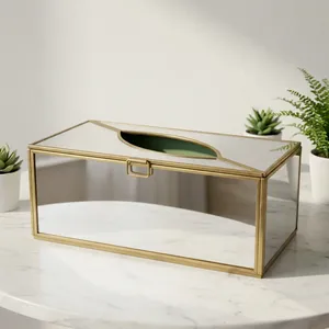 ARTISAN DESIGN <b>Mirrored</b> Metal Tissue Box Cover with Gold Trim Rectangular Design <b>Bathroom</b> Vanity Storage Accessory - Product Image 3
