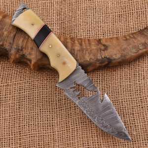Cuchillo de Caza de Acero de Damasco con Punta Caída, Mango de Hueso, Funda de Cuero, Hoja Fija, Supervivencia al Aire Libre, Táctico, OEM - Product Image 2