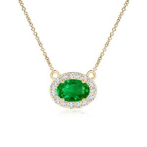 14k <b>Solid</b> <b>Gold</b> East-West Oval Cut Natural Emerald Gemstone <b>Pendant</b> Necklace With Diamond Halo Certified Handmade Fine Jewelry - Product Image 1
