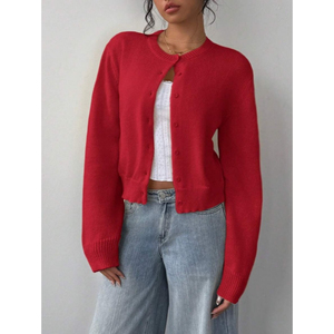 <b>Women's</b> <b>Cropped</b> <b>Cardigan</b> Long Sleeve O-Neck Button Front Knit Sweater Casual Winter Wear 100% Acrylic Flat Knitted - Product Image 5