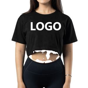 Camiseta corta de algodón 2022 para mujer, manga corta de gran tamaño con hombros caídos personalizados con patrón impreso y decoración de parches - Product Image 6