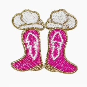 Pink Beaded Cowboy <b>Boot</b> <b>Stud</b> Earrings With White Hat Design For <b>Women</b> Party Jewelry Cute Fashion Accessory - Product Image 1