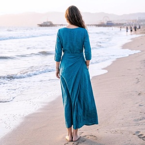 Vintage 100% Cotton Linen Midi <b>Dress</b> Women Draped Wrap Style Asymmetrical <b>Loose</b> Fit Summer <b>Dress</b> with Pockets Plus Size - Product Image 2