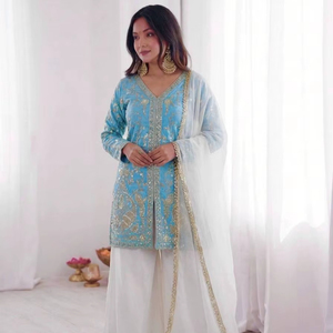 ชุดคุर्ติปักลายพร้อมกางเกงปาลาซโซและผ้าคลุมไหล่ผ้าออร์แกนซ่าสำหรับผู้หญิง – ชุดงานออกแบบสำหรับเทศกาล  ชุดสไตล์ชาติพันธุ์ประดับด้วยงานปักดิ้นทองและเลื่อม - Product Image 1