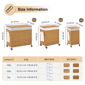 Cesto Portabiancheria in Rattan Intrecciato da 125L con Coperchio e Ruote, Design Scorrevole per Maggiore Comodità - Product Image 3