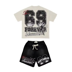 High Quality Man's Summer Short Set Black Cotton Men's Streetwear T-Shirt Set Cotton Crew Neck Printed Letter Design Summer - Product Image 3