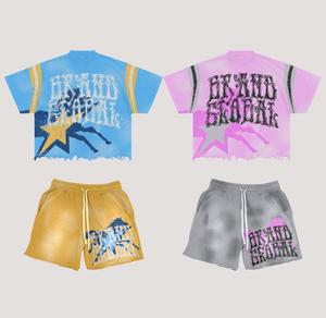 Ensemble short et t-shirt 2 pièces en coton épais 100 %, imprimé sérigraphié, effet délavé vintage, sur mesure, pour homme, style streetwear d'été - Product Image 1