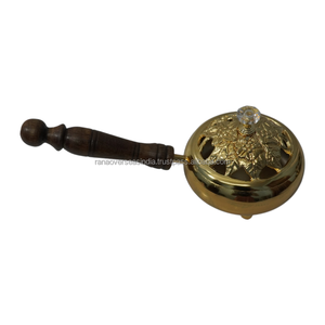 Metal Iron Incense Burner with Wooden Handle Vintage Floral Cover Incense Censer for Home And Temple <b>Decoration</b> - Product Image 3