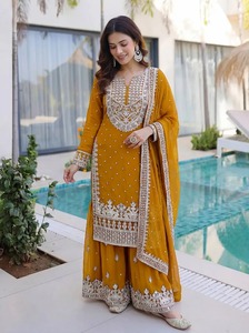 Cheap Low Price India Islamic Chiffon Modest Plus Size Women Abaya Femme Top Bottom Sharara Dupatta Set Ready to Dispatch 83781 - Product Image 1