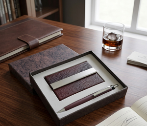 Juego de Regalo Empresarial de Lujo con Tarjetero de Cuero Genuino Marrón y Bolígrafo Metálico con Logotipo Personalizado al Mejor Precio - Product Image 3