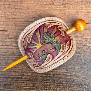 Women's Fashionable Hand Tooled Leather Stick Barrette with Wooden Stick High Quality Genuine Leather <b>Hair</b> Barrette <b>Hair</b> Slide - Product Image 2
