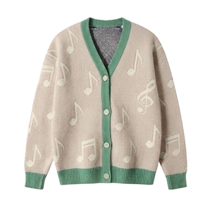 Cardigan tricoté à motif de notes de musique pour femme, col en V, manches longues, haut décontracté, épaisseur standard, manches complètes, longueur normale - Product Image 5