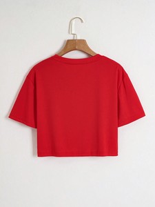 Trendy <b>Red</b> <b>Crop</b> <b>Top</b> Custom Printed Graphic Tees Fashionable Short Sleeve Clothes Casual Women's Shirts Slim Fit Summer Blouse - Product Image 4