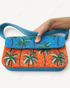 Bolso de Hombro Artesanal con Cuentas de Palmera, Diseño Tropical de Atardecer en la Playa, Azul y Naranja, Bolso de Mano para Resort, Venta al por Mayor, OEM, Marca Privada - Product Image 4