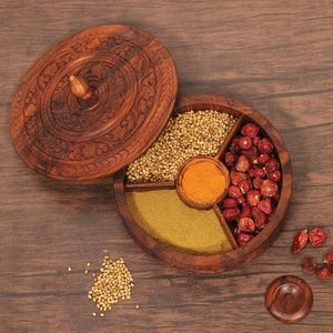 Wooden Masala Organizer <b>Box</b> 9-Compartment Spice Storage <b>Herb</b> & Spice Tools Durable Hand Wash Only - Product Image 3