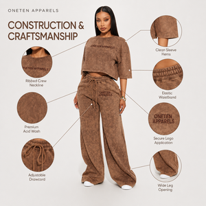 Ensemble sportif pour femme avec logo personnalisé, délavé à l'acide, couleur marron mocha, comprenant un haut court et un pantalon large, pour un usage quotidien décontracté, séchage rapide - Product Image 2