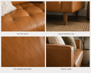 Genuine Leather Square <b>Sofa</b> Midcentury Modern Two Seat Tufted Tight Back Track Arms Padded Wood Legs Living Room Chesterfield - Product Image 4
