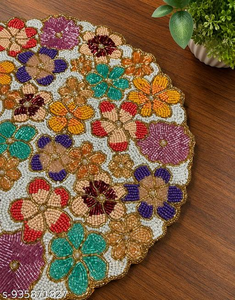Handmade <b>Beads</b> Table <b>Placemat</b> Floral Bunny Design Round <b>Bead</b> Embroidery Mat Luxury Boho Table Decor - Product Image 6
