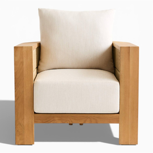 Fauteuil d'extérieur moderne avec coussin beige, en teck massif, design minimaliste, résistant aux intempéries, mobilier de jardin - Product Image 1