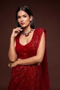 Luxury <b>Red</b> Sequin Saree Heavy Maroon Sequence Work Georgette Sari Designer Indian Wedding Wear Party Wear Sarees With <b>Blouse</b> - Product Image 4