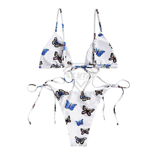 Conjunto de Bikini con Estampado de Mariposas para Mujer, Traje de Baño de Dos Piezas con Tiras Laterales Blancas y Cuello Halter, Ropa de Playa Cómoda - Product Image 2