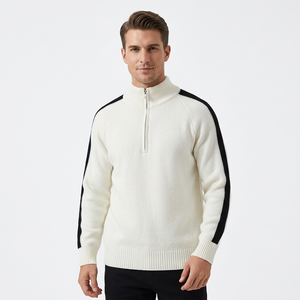 Suéter de punto para hombre con bloques de color, cuello simulado acanalado, manga larga, hombros caídos y cremallera de un cuarto, transpirable por delante - Product Image 5