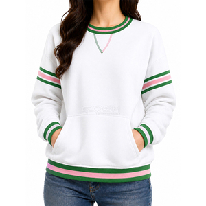 Sudadera Blanca con Cuello Redondo de la Hermandad Universitaria Cosh International, con Rayas Verdes y Rosas, Bolsillos, Corte Regular, Estilo Casual Otoñal - Product Image 1