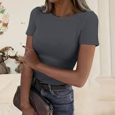 T-shirt décontracté en coton 100% à col rond et manches courtes, coupe ajustée, tricoté uni, pour l'été - Product Image 4