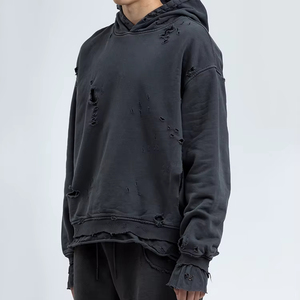 Men Custom Drop Shoulder Hoodies Heavy Weight Washed Distressed Men Hoodie Oversize 100% Cotton Pullover Hooded Sweatshirt - Product Image 6