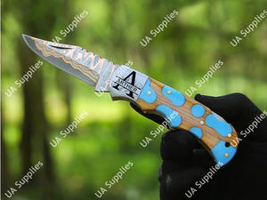 Cuchillo de Camping Plegable de Acero Damasco y Cobre, Venta al Por Mayor Directa de Fábrica, Funda Incluida, OEM/ODM Personalizable, MOQ Bajo, EDC - Product Image 2