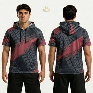 Camiseta Deportiva de Manga Corta con Capucha para Hombre, Diseño Urbano Azul Marino, Sublimada, de Poliéster, Transpirable y de Secado Rápido - Product Image 1
