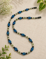 Cordon de lunettes antidérapant Jaunty à perles florales, perles bleues, accents noirs, 70 cm