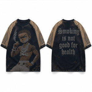 Camiseta de Manga Raglán Extra Grande para Hombre con Estampado de Personajes, Cuello Redondo, Estilo Urbano, Algodón, Largo Regular, Ribete en Contraste - Product Image 1