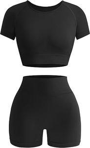 Ensemble de yoga noir 2 pièces : Haut court côtelé à col rond et short taille haute en Spandex/Nylon, sans couture, couleur unie, tenue de sport - Product Image 3