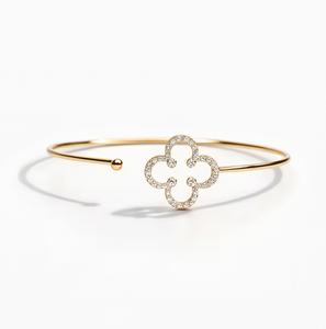Thin Floral Charm Dainty Stacking Quatrefoil <b>Adjustable</b> Bangle Fine 10K 14K 18K Solid <b>Gold</b> Round Lab Grown Diamond Clover Bangle - Product Image 5