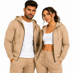Sudadera con capucha unisex marrón personalizada con cremallera completa, conjunto de chándal de algodón y forro polar, ropa informal para estar en casa, conjunto deportivo, producción a granel, servicio de exportación - Product Image 5