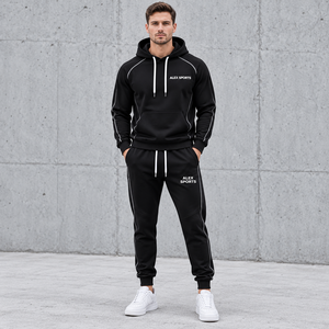 Ensemble de survêtement unisexe Alex Sports noir à capuche en polaire avec col montant, coupe régulière, couleur unie, décontracté, avec logo blanc sur le côté - Product Image 1