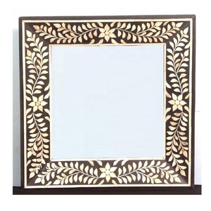 Handmade Wooden <b>Square</b> Wall Mirror with Bone Inlay Floral Design Traditional Decorative <b>Frame</b> for Living Room Bedroom Decor - Product Image 1