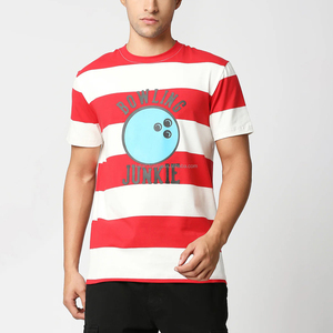 เสื้อยืดคอกลมแขนสั้นลายทางสีแดงขาวสำหรับผู้ชาย ผ้าฝ้าย พิมพ์ลาย Bowling Junkie ทรงปกติ ผ้าเจอร์ซีย์ถัก ระบายอากาศได้ดี - Product Image 3