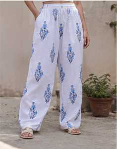 Trending Ladies <b>White</b> Blue Floral <b>Print</b> Cotton Trousers High Waist Loose Fit Wide Leg <b>Palazzo</b> Pants Summer Casual Loungewear - Product Image 3