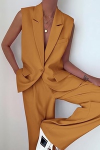 Women's Sleeveless <b>Blazer</b> <b>Set</b> Solid Color Crepe Fabric Two Piece Suit Casual Spring Summer Notched Collar Regular Fit - Product Image 3